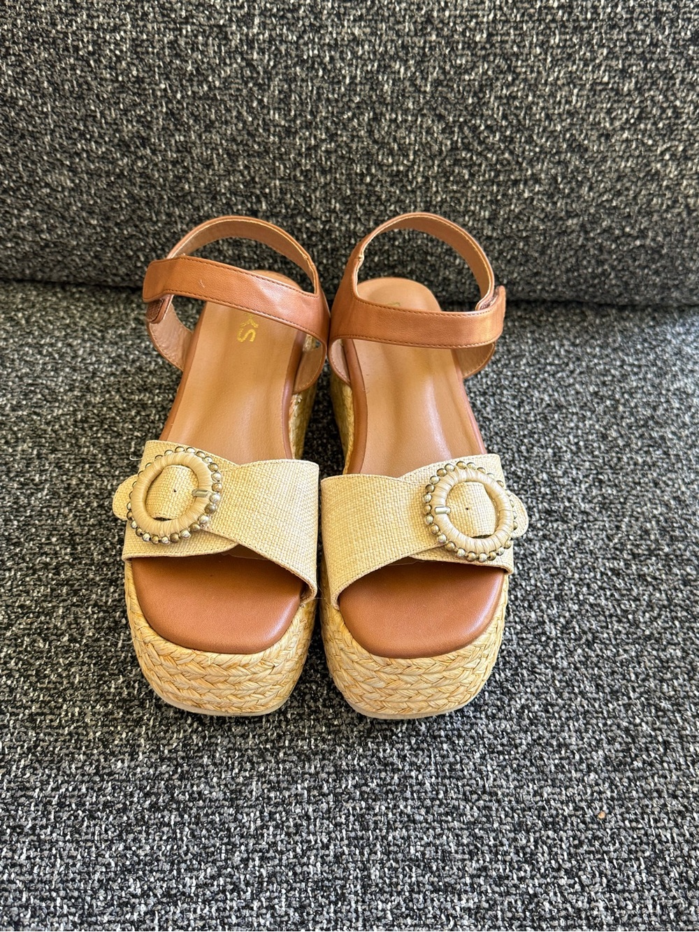 Bakers Tan and Natural Platform Wedge Sandals with Decorative Buckle